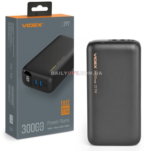 Зовнішній акумулятор повербанк VIDEX VPB-297 22.5W 30000mAh QC+PD
