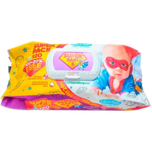 Вологі серветки Super Baby із клапаном 120 шт