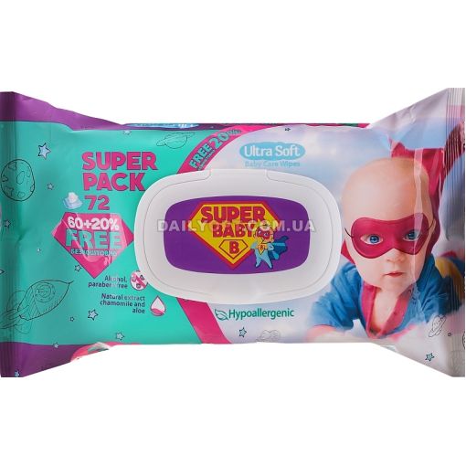 Вологі серветки Super Baby з клапаном 72 шт